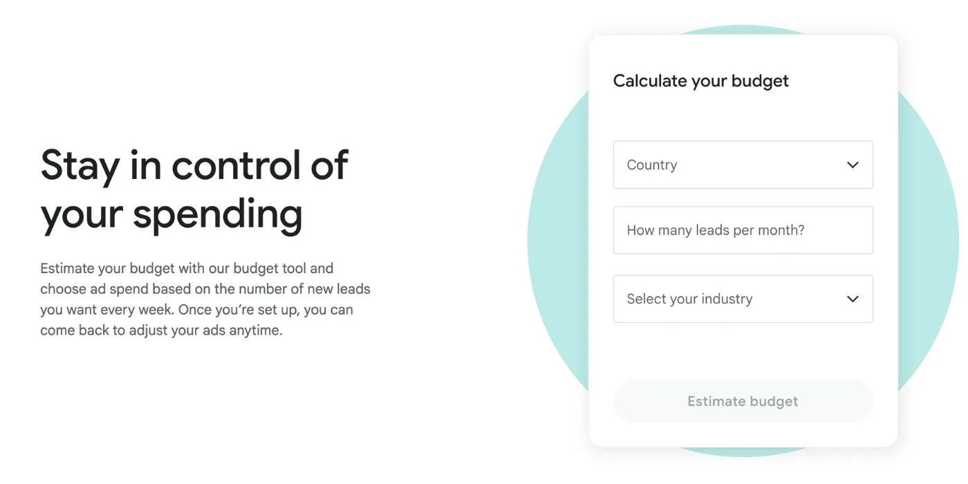 Budget calculator interface for Local Services Ads with country, lead volume, and industry fields.